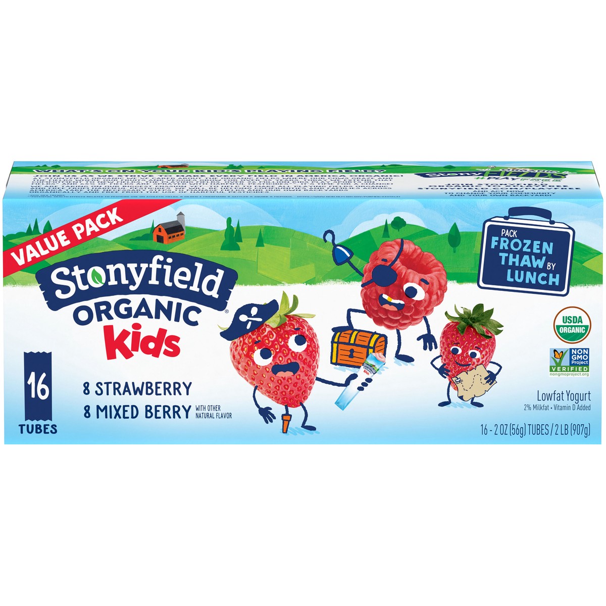 slide 1 of 14, Stonyfield Organic Kids Strawberry & Mixed Berry Lowfat Yogurt Tubes Variety Pack 16 ct Box, 16 ct; 2 oz