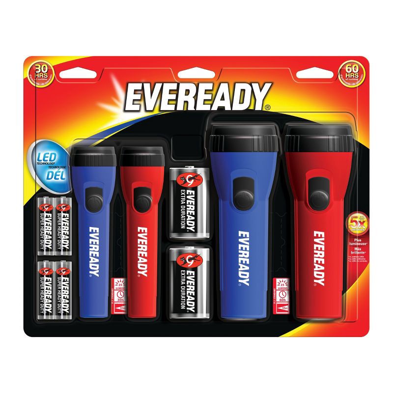 slide 1 of 4, Eveready LED Flashlight: Portable Light Set for Kids & Camping, Includes Batteries, 4-Piece, Red & Blue, 1 ct