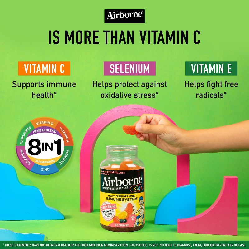 slide 4 of 9, Airborne Kids Immune Support Gummies with Vitamin C & Zinc - Assorted Fruit - 42ct, 42 ct