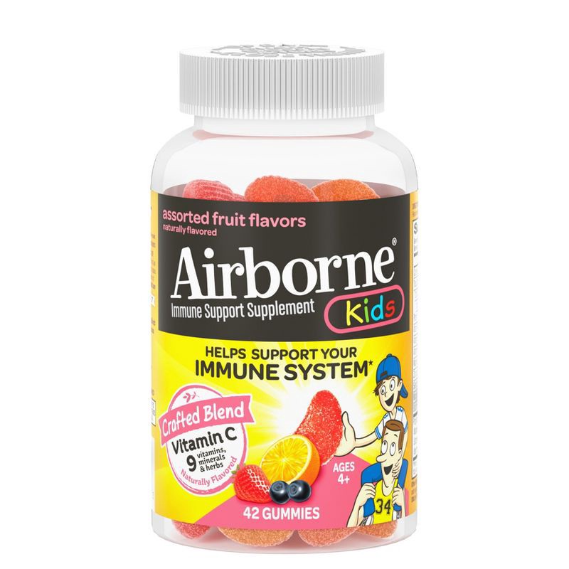 slide 1 of 9, Airborne Kids Immune Support Gummies with Vitamin C & Zinc - Assorted Fruit - 42ct, 42 ct