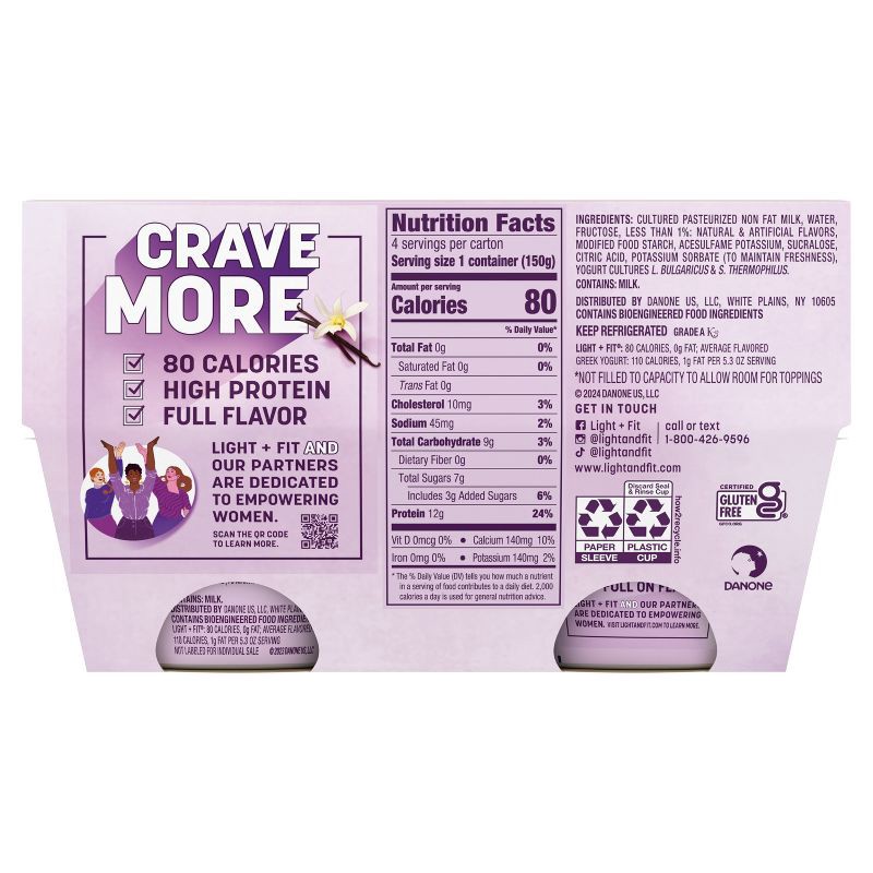 slide 12 of 13, Light + Fit Nonfat Gluten-Free Vanilla Greek Yogurt - 12g Protein 4ct/5.3oz Cups, 12 gram, 4 ct, 5.3 oz