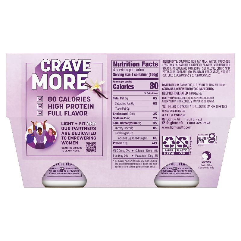 slide 5 of 10, Light + Fit Nonfat Gluten-Free Vanilla Greek Yogurt - 4ct/5.3oz Cups, 4 ct; 5.3 oz