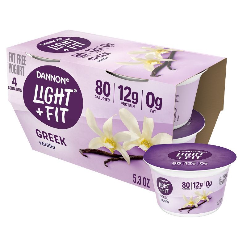 slide 1 of 13, Light + Fit Nonfat Gluten-Free Vanilla Greek Yogurt - 12g Protein 4ct/5.3oz Cups, 12 gram, 4 ct, 5.3 oz