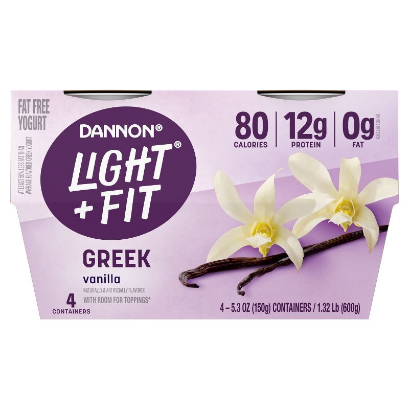 slide 8 of 10, Light + Fit Nonfat Gluten-Free Vanilla Greek Yogurt - 4ct/5.3oz Cups, 4 ct; 5.3 oz