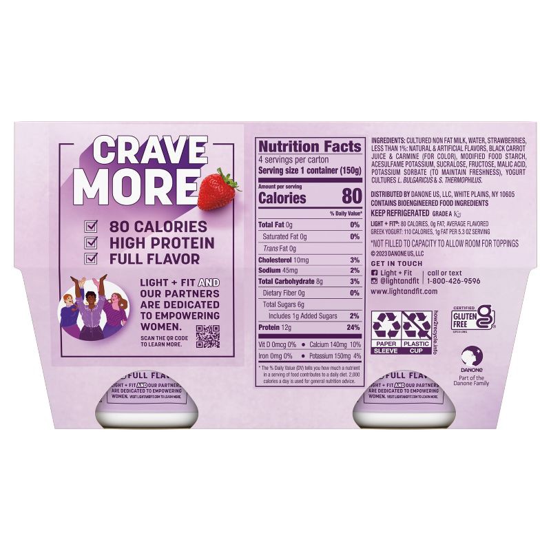 slide 12 of 13, Light + Fit Nonfat Gluten-Free Strawberry Greek Yogurt - 12g Protein 4ct/5.3oz Cups, 12 gram, 4 ct, 5.3 oz