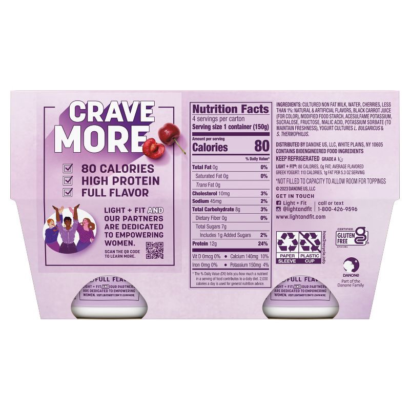 slide 4 of 9, Light + Fit Nonfat Gluten-Free Cherry Greek Yogurt - 4ct/5.3oz Cups, 4 ct; 5.3 oz