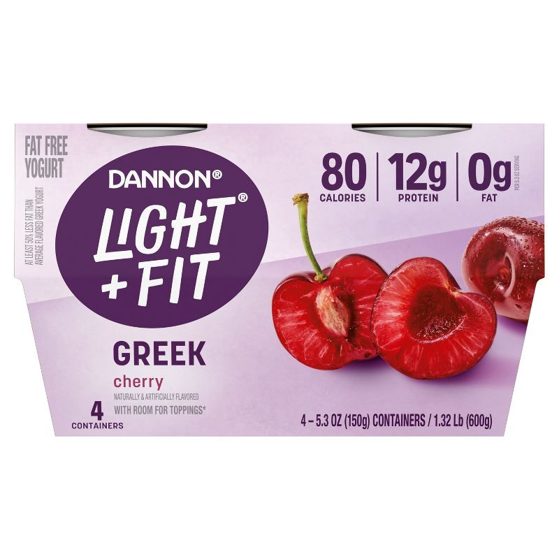 slide 7 of 9, Light + Fit Nonfat Gluten-Free Cherry Greek Yogurt - 4ct/5.3oz Cups, 4 ct; 5.3 oz