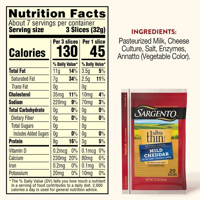 slide 3 of 8, Sargento Ultra Thin Natural Cheddar Cheese Slices - 7.6oz/20 slices, 7.6 oz