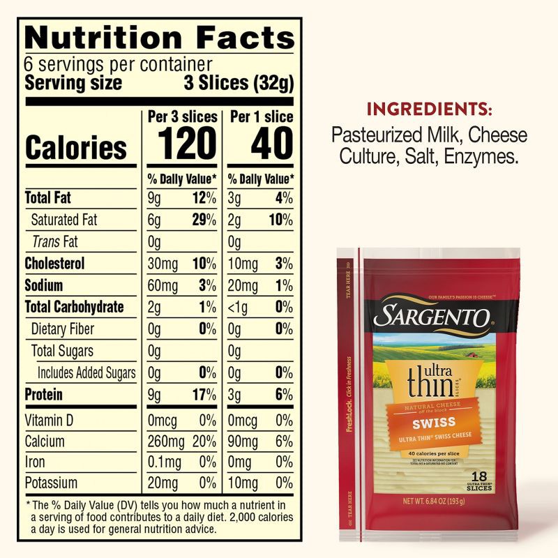 slide 3 of 8, Sargento Ultra Thin Natural Swiss Cheese Slices - 6.84oz/18 slices, 6.84 oz
