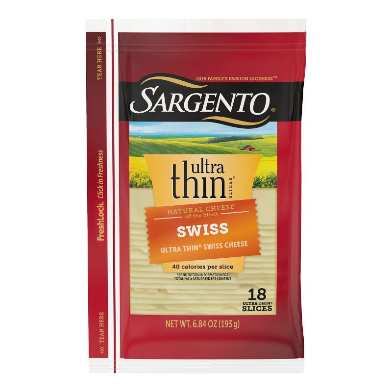 slide 1 of 8, Sargento Ultra Thin Natural Swiss Cheese Slices - 6.84oz/18 slices, 6.84 oz