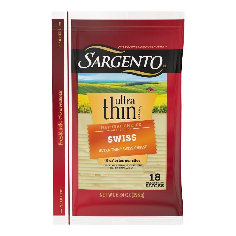 slide 1 of 8, Sargento Ultra Thin Natural Swiss Cheese Slices - 6.84oz/18 slices, 6.84 oz