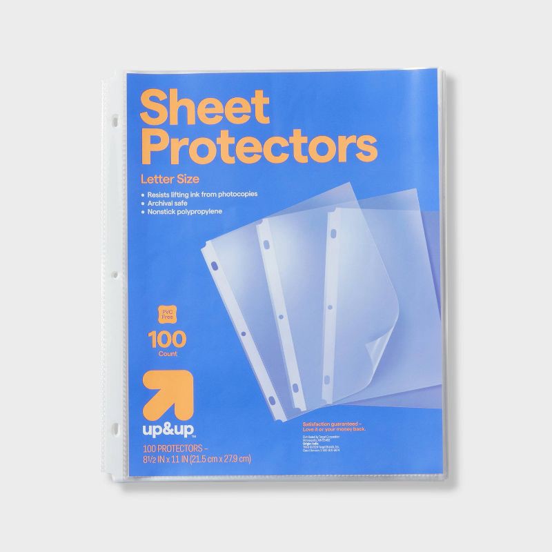 slide 1 of 3, 100ct Letter Sheet Protectors Clear - up&up™: Plastic Page Protectors for 8.5x11 Inch Documents, 100 Pack, 100 ct
