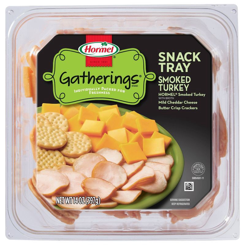 slide 1 of 7, Hormel Gatherings Smoked Turkey, Cheddar Cheese & Crackers Charcuterie Snack Tray - 14oz, 14 oz