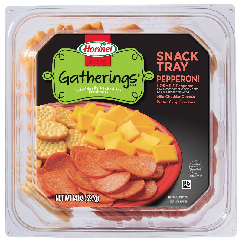 slide 1 of 9, Hormel Gatherings Pepperoni, Cheddar Cheese & Crackers Snack Tray - 14oz, 14 oz