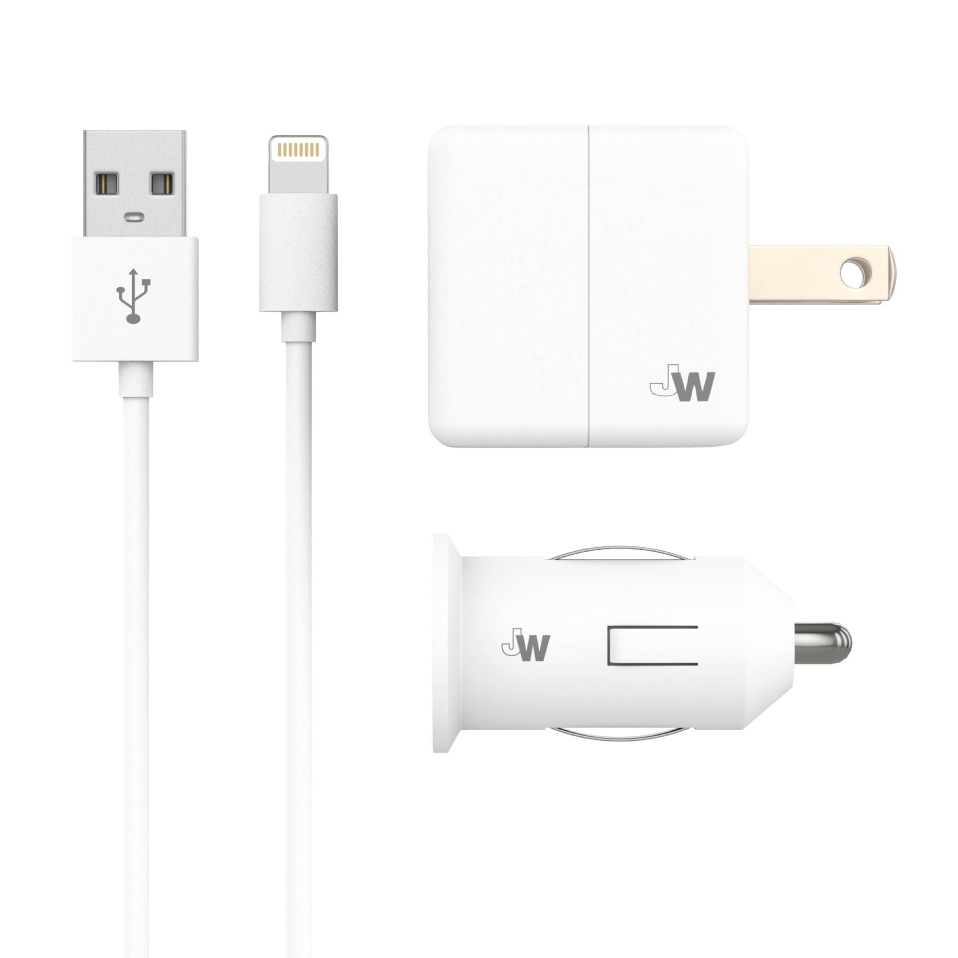 slide 1 of 8, Just Wireless 1A/5W 1-Port USB-A Car & Home Charger with TPU Lightning to USB-A Cable - White, 5ft