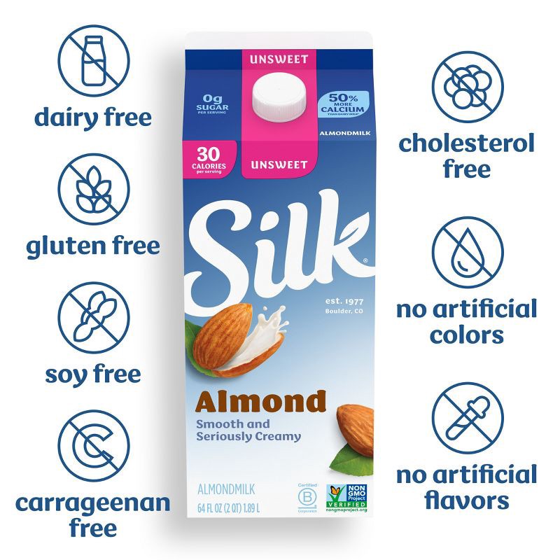 slide 3 of 8, Silk Unsweetened Almond Milk - 0.5gal, 1/2 gal