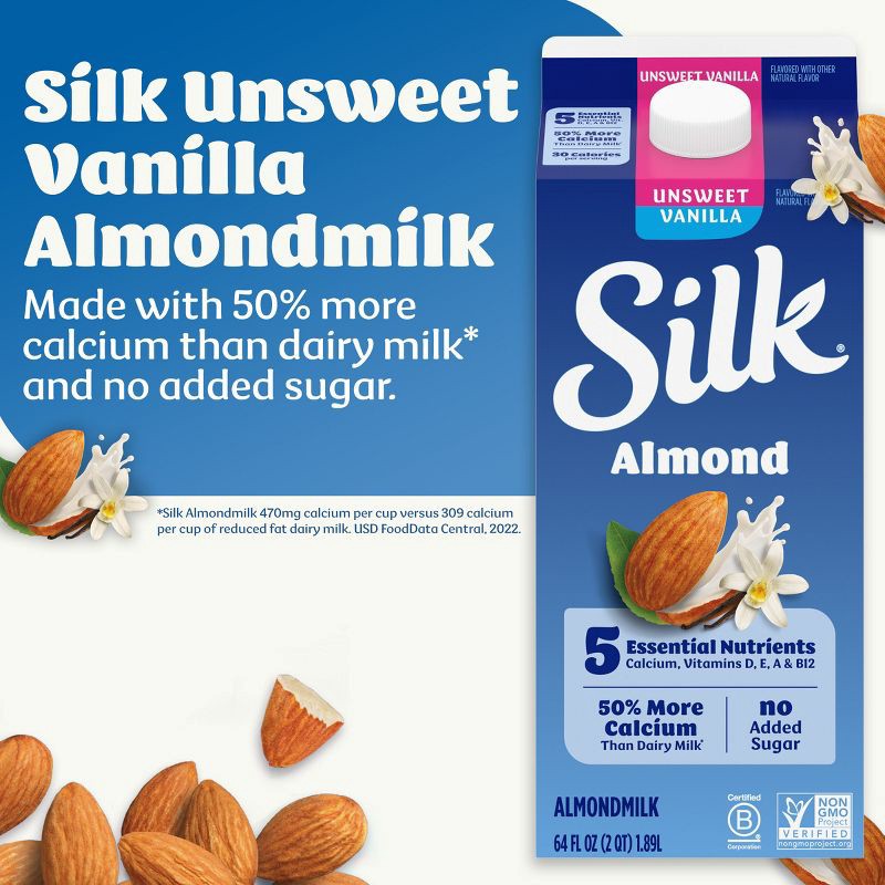 slide 3 of 12, Silk Unsweetened Vanilla Almond Milk - 0.5gal, 1/2 gal