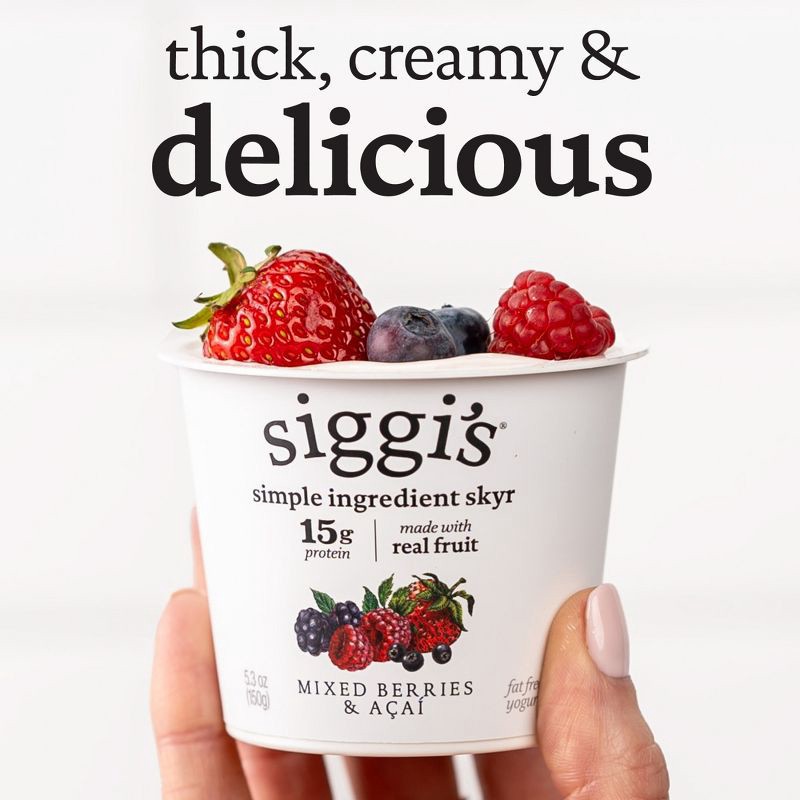 slide 5 of 12, Siggi's Nonfat Acai & Mixed Berries Icelandic-Style Skyr Yogurt - 15g Protein 5.3oz, 15 gram, 5.3 oz