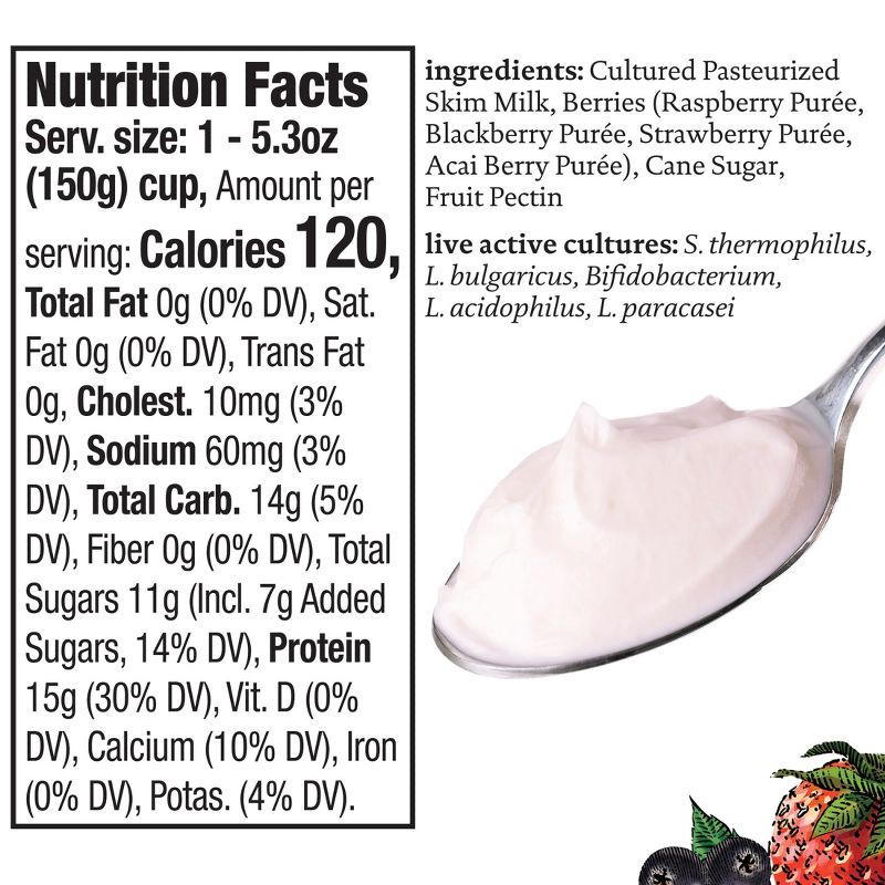 slide 7 of 12, Siggi's Nonfat Acai & Mixed Berries Icelandic-Style Skyr Yogurt - 15g Protein 5.3oz, 15 gram, 5.3 oz