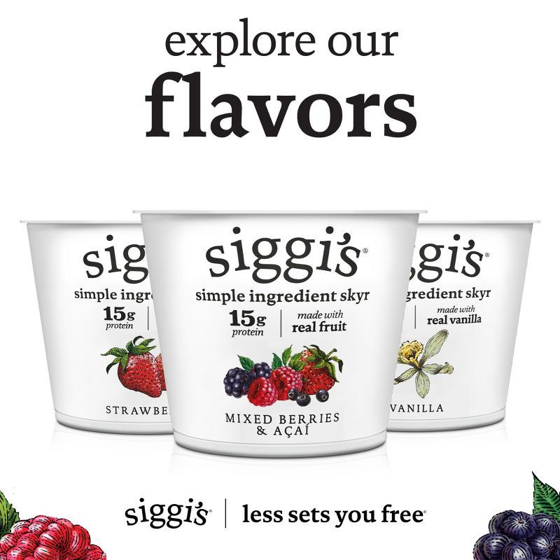 slide 8 of 12, Siggi's Nonfat Acai & Mixed Berries Icelandic-Style Skyr Yogurt - 15g Protein 5.3oz, 15 gram, 5.3 oz