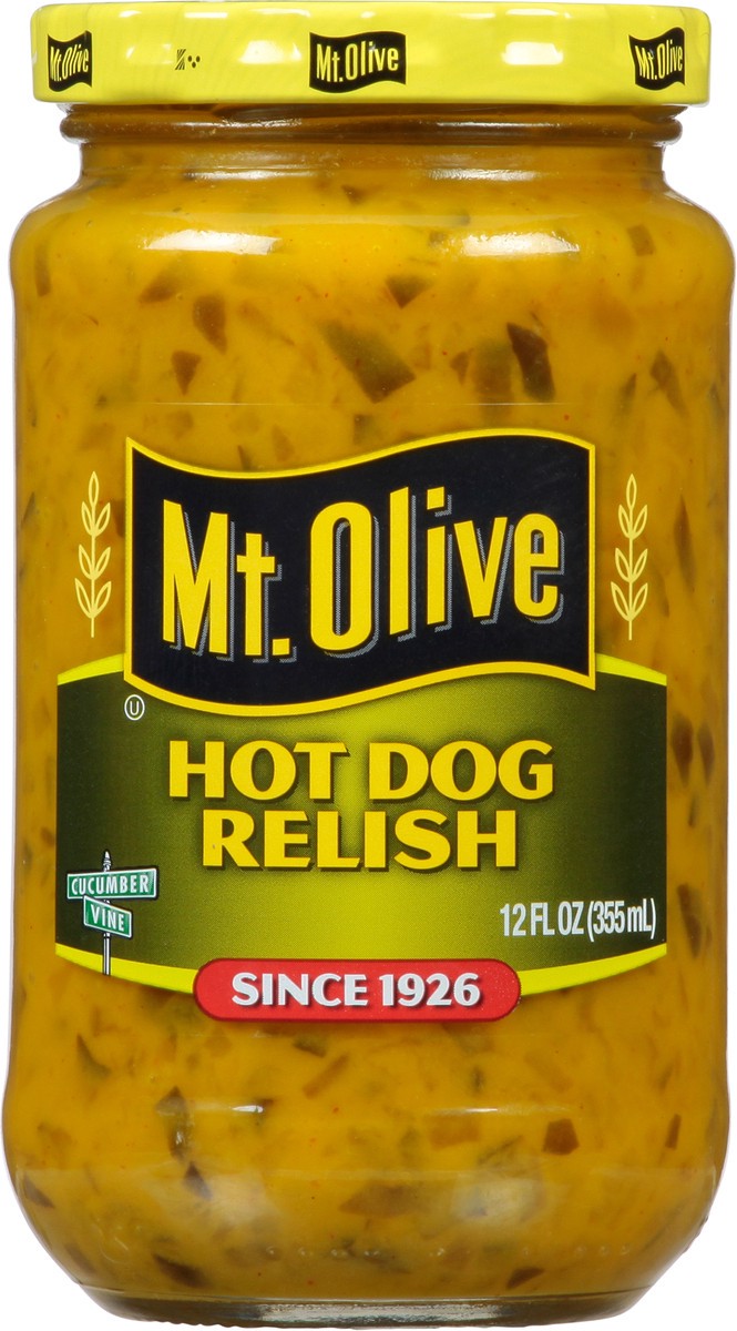 slide 1 of 13, Mt. Olive Hot Dog Relish Pickles 12 fl oz Jar, 12 fl oz