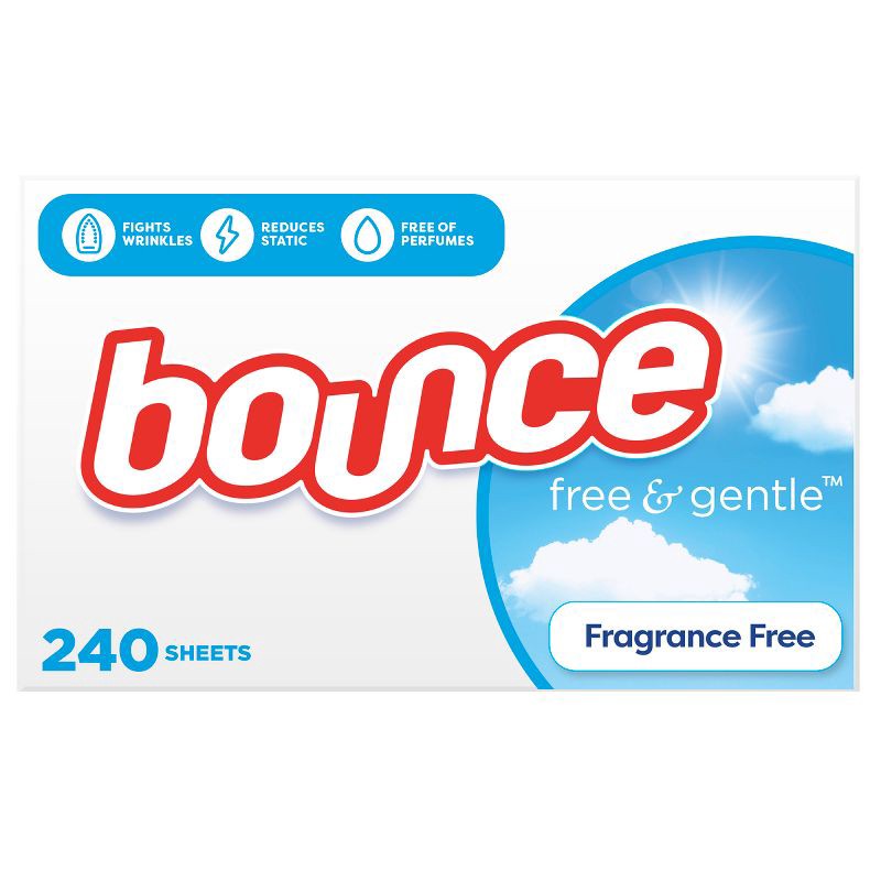 slide 1 of 9, Bounce Fabric Softener Sheets - Free & Gentle - 240ct: Box, Dermatologist Tested, Sensitive Formula, Bleach-Free, 240 ct
