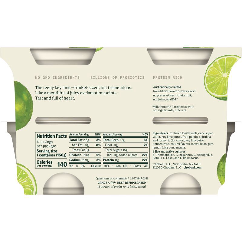 slide 3 of 7, Chobani Key Lime Blended Low-Fat Greek Yogurt - 11g Protein 4ct/5.3oz Cups, 11 gram, 4 ct, 5.3 oz