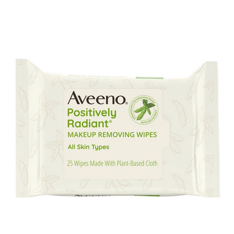 slide 1 of 9, Aveeno Positively Radiant Oil-Free Makeup Removal Facial Wipes for All Skin Types - 25 ct: Hypoallergenic, Paraben-Free, Alcohol-Free, 25 ct