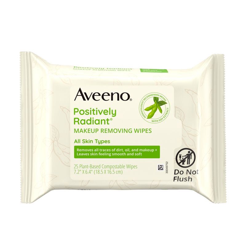 slide 1 of 9, Aveeno Positively Radiant Oil-Free Makeup Removal Facial Wipes for All Skin Types - 25 ct, 25 ct