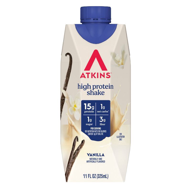 slide 2 of 9, Atkins Creamy Vanilla Flavored Protein Shake, High Protein, Low Glycemic, Gluten Free - 4pk/44 fl oz, 4 ct; 44 fl oz