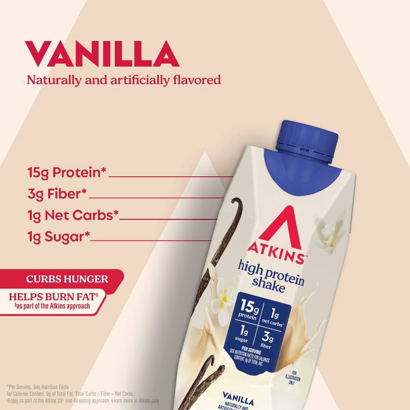 slide 3 of 9, Atkins Creamy Vanilla Flavored Protein Shake, High Protein, Low Glycemic, Gluten Free - 4pk/44 fl oz, 4 ct; 44 fl oz