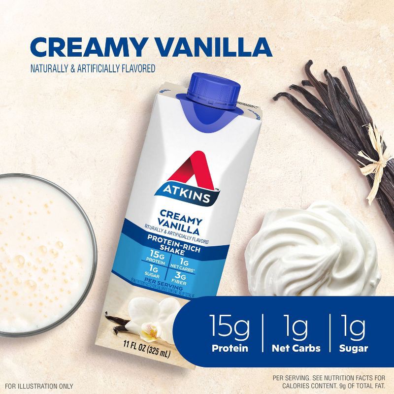 slide 3 of 9, Atkins Creamy Vanilla Protein Shake - 4pk/44 fl oz, 4 ct; 44 fl oz