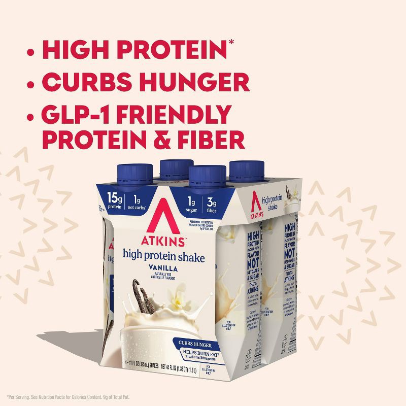 slide 4 of 9, Atkins Creamy Vanilla Flavored Protein Shake, High Protein, Low Glycemic, Gluten Free - 4pk/44 fl oz, 4 ct; 44 fl oz
