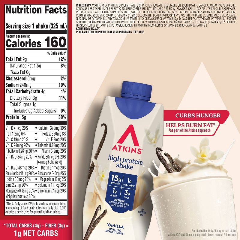 slide 5 of 9, Atkins Creamy Vanilla Flavored Protein Shake, High Protein, Low Glycemic, Gluten Free - 4pk/44 fl oz, 4 ct; 44 fl oz