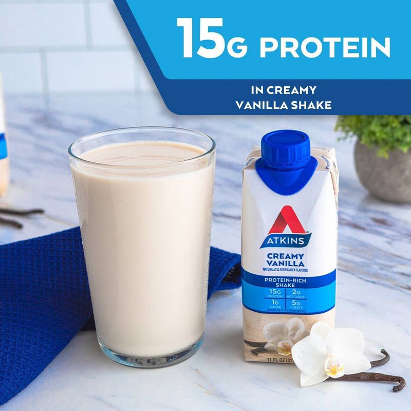 slide 4 of 9, Atkins Creamy Vanilla Protein Shake - 4pk/44 fl oz, 4 ct; 44 fl oz