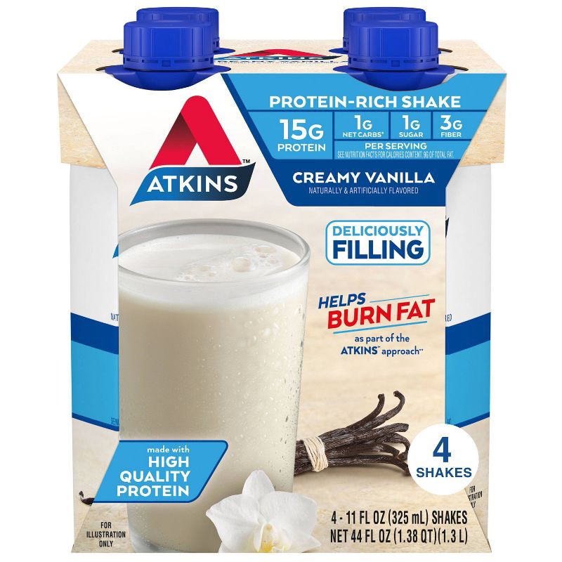 slide 1 of 9, Atkins Creamy Vanilla Protein Shake - 4pk/44 fl oz, 4 ct; 44 fl oz