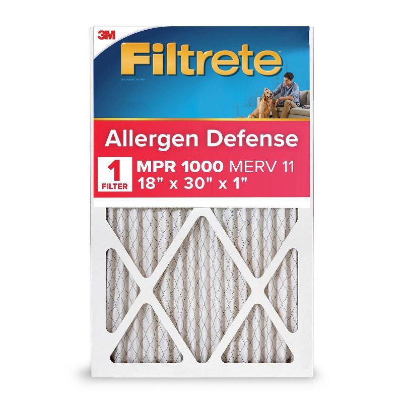 slide 1 of 10, Filtrete 18x30x1 Allergen Defense Air Filter 1000 MPR: MERV 11 Electrostatic Furnace Filter, Captures Dust & Pollen, 1 ct