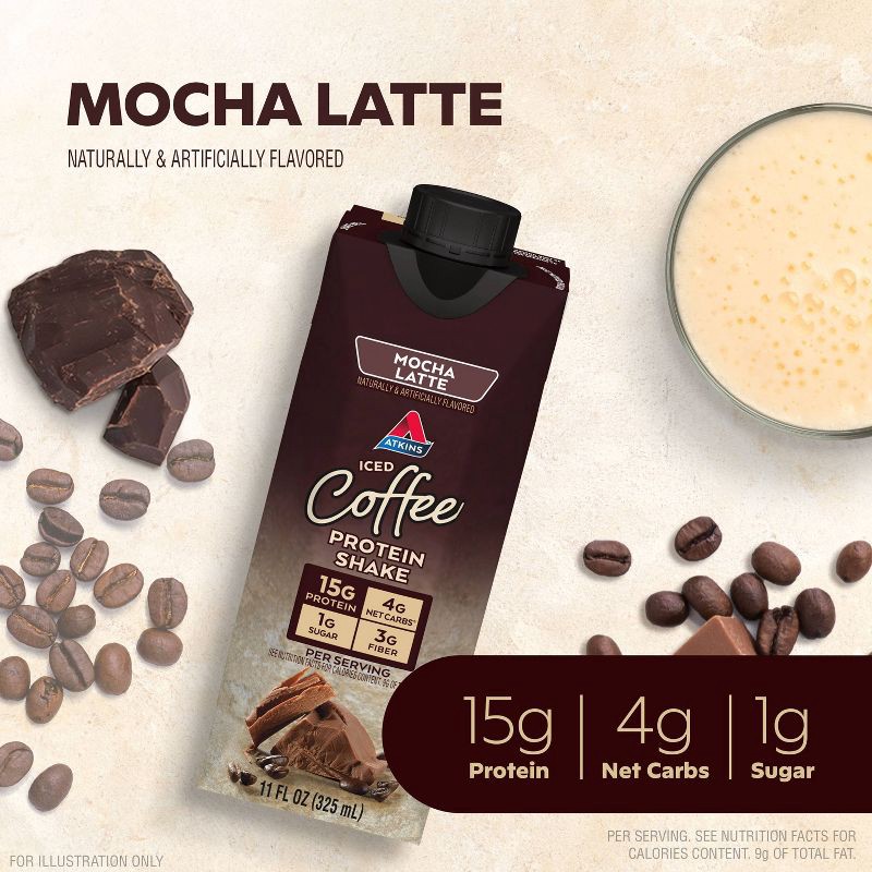 slide 4 of 9, Atkins Mocha Latte Iced Coffee Protein Shake - 4ct/44 fl oz, 4 ct; 44 fl oz