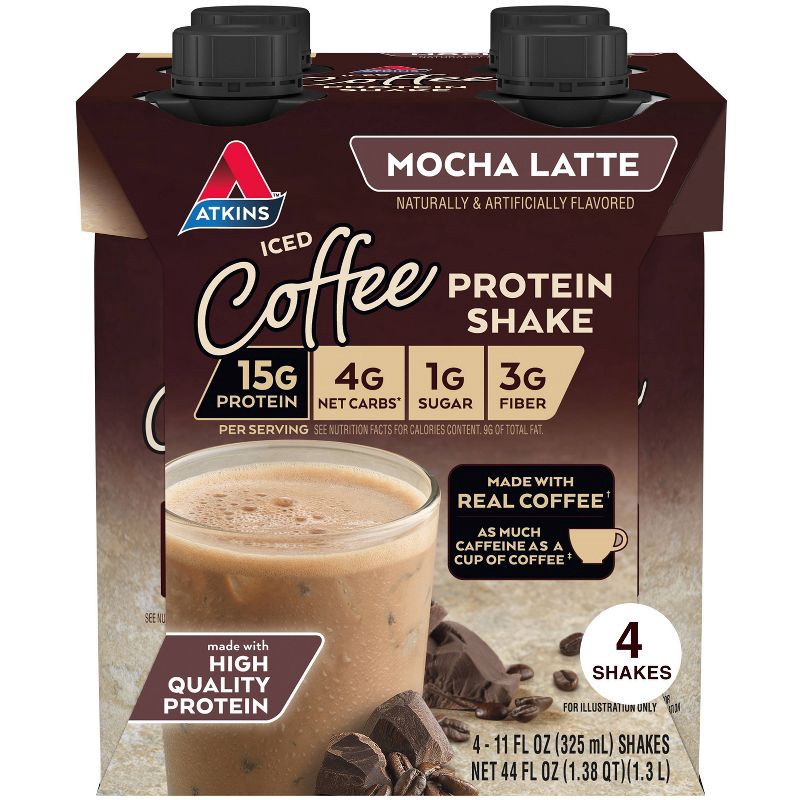 slide 1 of 9, Atkins Mocha Latte Iced Coffee Protein Shake - 4ct/44 fl oz, 4 ct; 44 fl oz