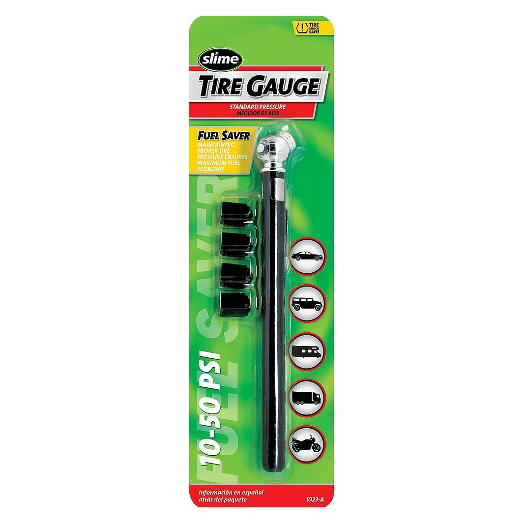 slide 1 of 3, Slime 10-50 PSI Pencil Tire Gauge and Valve Caps, 1 ct