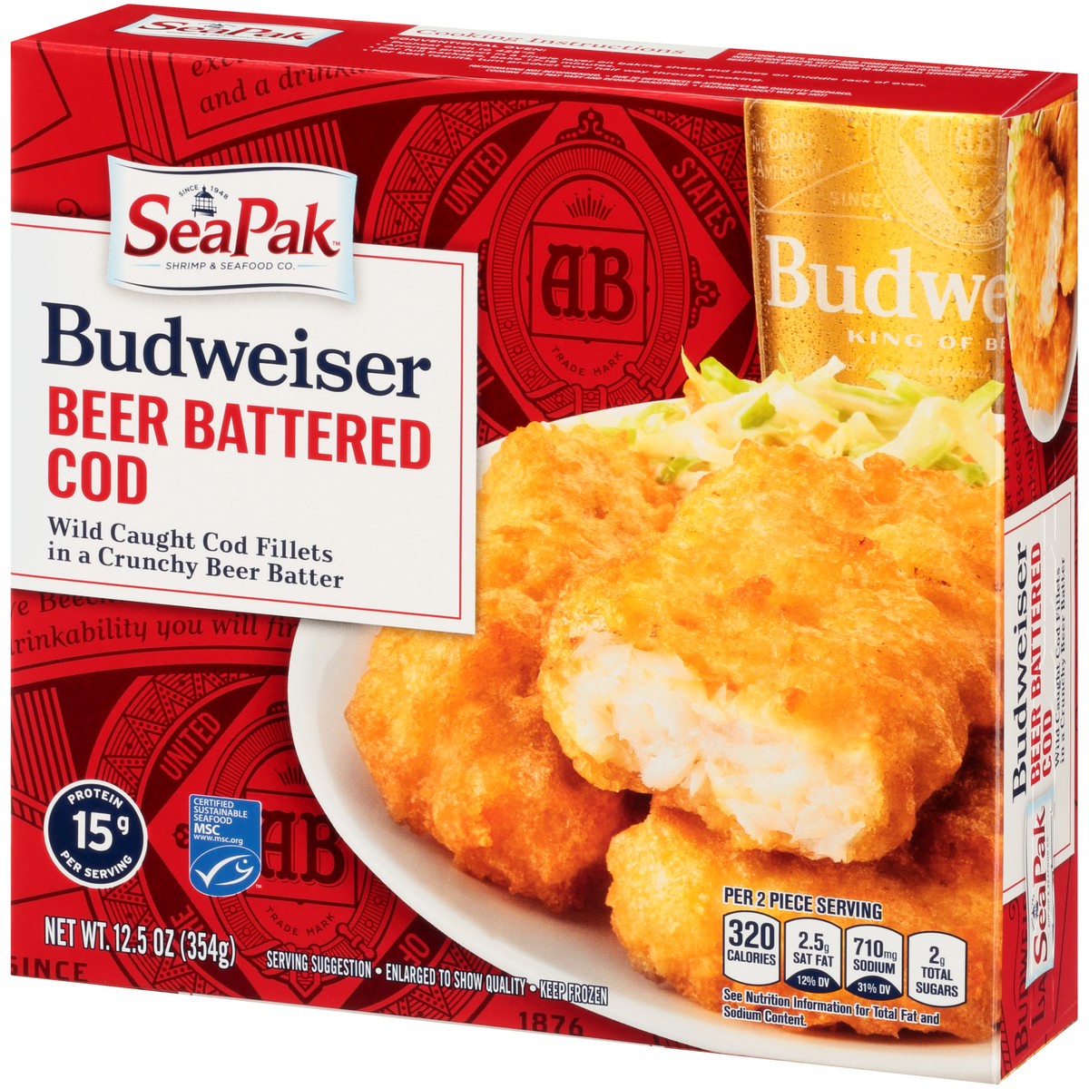 slide 9 of 9, SeaPak Shrimp & Seafood Co. Budweiser Beer Battered Cod 12.5 oz. Box, 12.5 oz