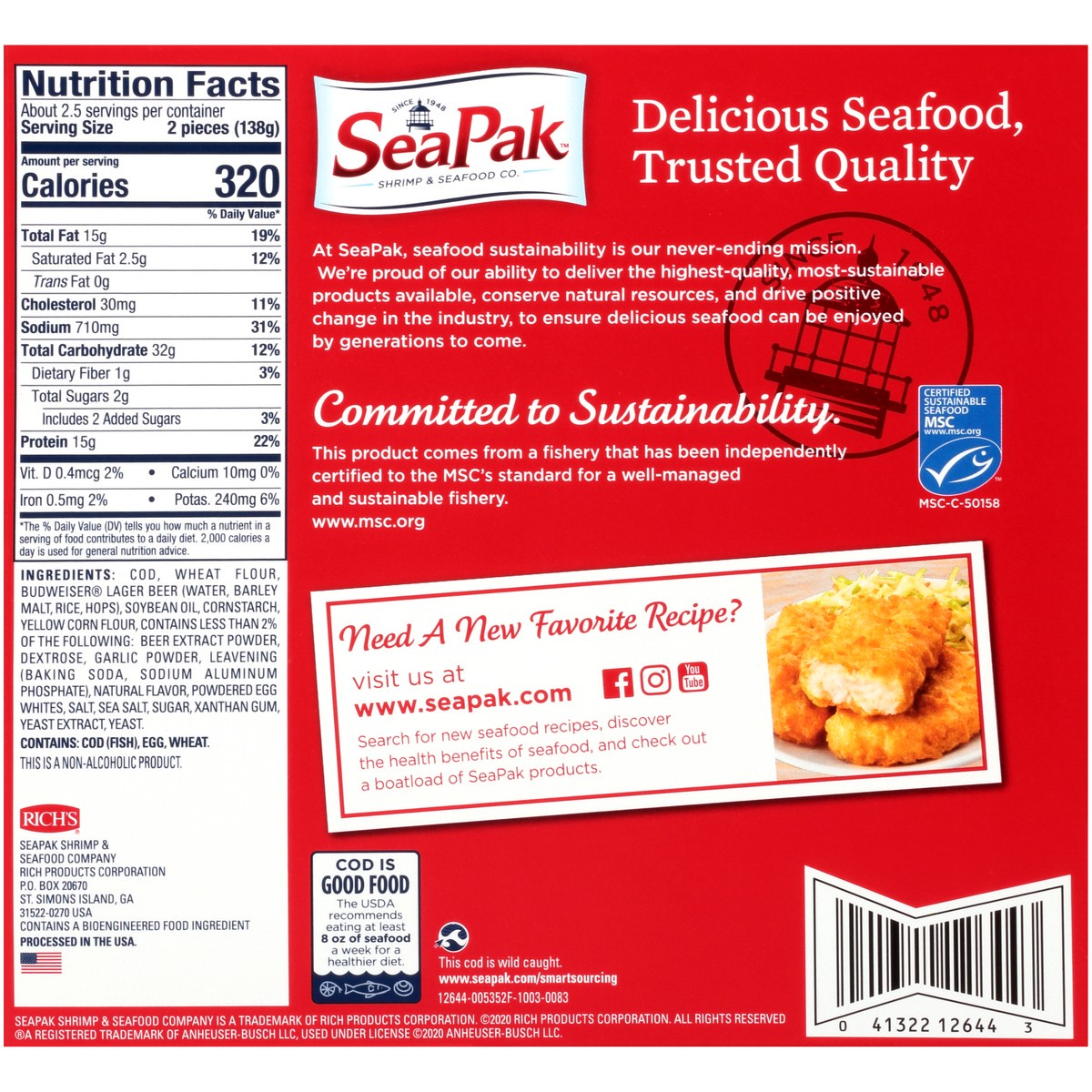 slide 8 of 9, SeaPak Shrimp & Seafood Co. Budweiser Beer Battered Cod 12.5 oz. Box, 12.5 oz