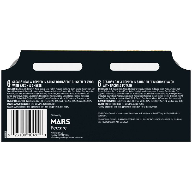 slide 2 of 10, Cesar Loaf & Topper in Sauce Rotisserie Chicken, Beef Filet Mignon and Cheese Flavor Adult Wet Dog Food - 2.64lbs/12ct Variety Pack, 2.64 lb, 12 ct