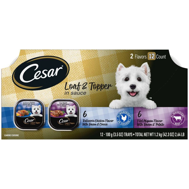 slide 1 of 10, Cesar Loaf & Topper in Sauce Rotisserie Chicken, Beef Filet Mignon and Cheese Flavor Adult Wet Dog Food - 2.64lbs/12ct Variety Pack, 2.64 lb, 12 ct