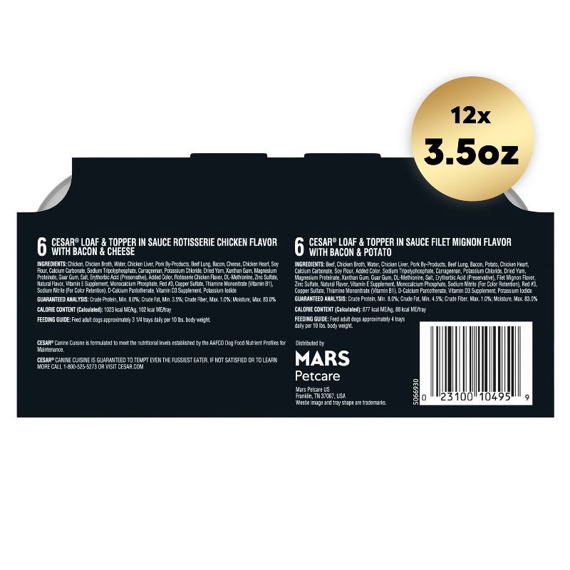 slide 10 of 12, Cesar Loaf & Topper in Sauce Rotisserie Chicken, Beef Filet Mignon and Cheese Flavor Adult Wet Dog Food - 2.64lbs/12ct Variety Pack, 2.64 lb, 12 ct