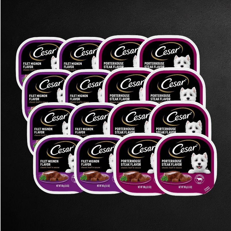 slide 5 of 10, Cesar Classic Loaf in Sauce Variety Pack with Filet Mignon and Porterhouse Flavor Small Breed Wet Dog Food - 3.5oz/12ct, 12 ct; 3.5 oz