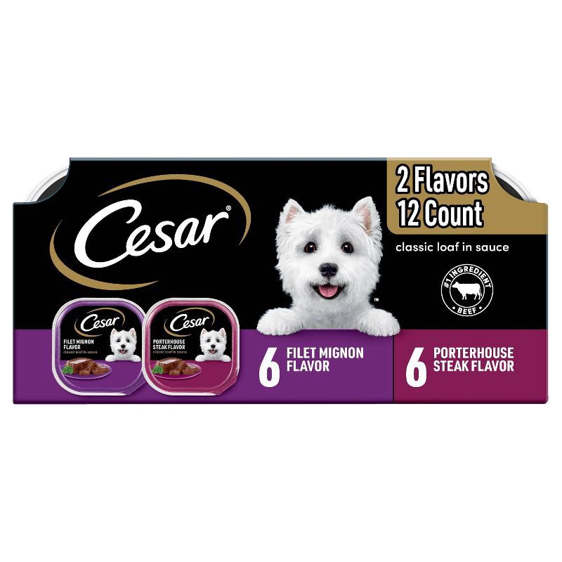 slide 1 of 12, Cesar Classic Loaf in Sauce Chicken, Steak, Beef, Gravy and Red Meat Flavor Variety Pack Small Breed Wet Dog Food - 3.5oz/12ct, 12 ct; 3.5 oz