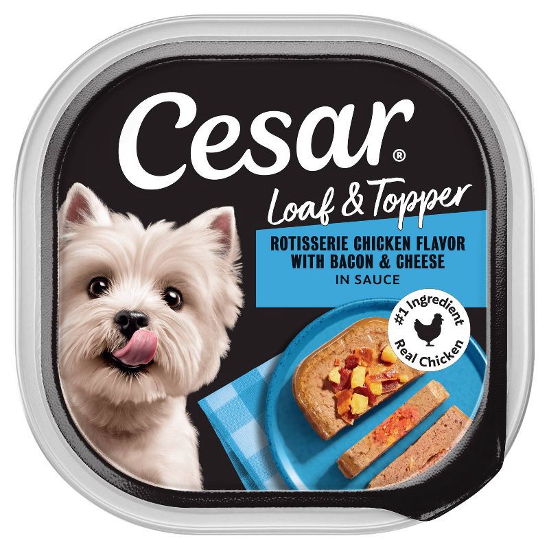 slide 1 of 13, Cesar Loaf and Topper in Sauce Rotisserie Chicken, Cheese, Bacon and Gravy Falvor Small Breed Wet Dog Food - 3.5oz, 3.5 oz