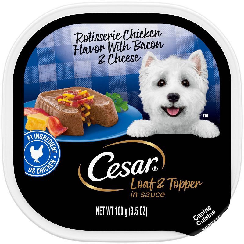 slide 1 of 10, Cesar Loaf and Topper in Sauce Rotisserie Chicken with Bacon and Cheese Small Breed Wet Dog Food - 3.5oz, 3.5 oz