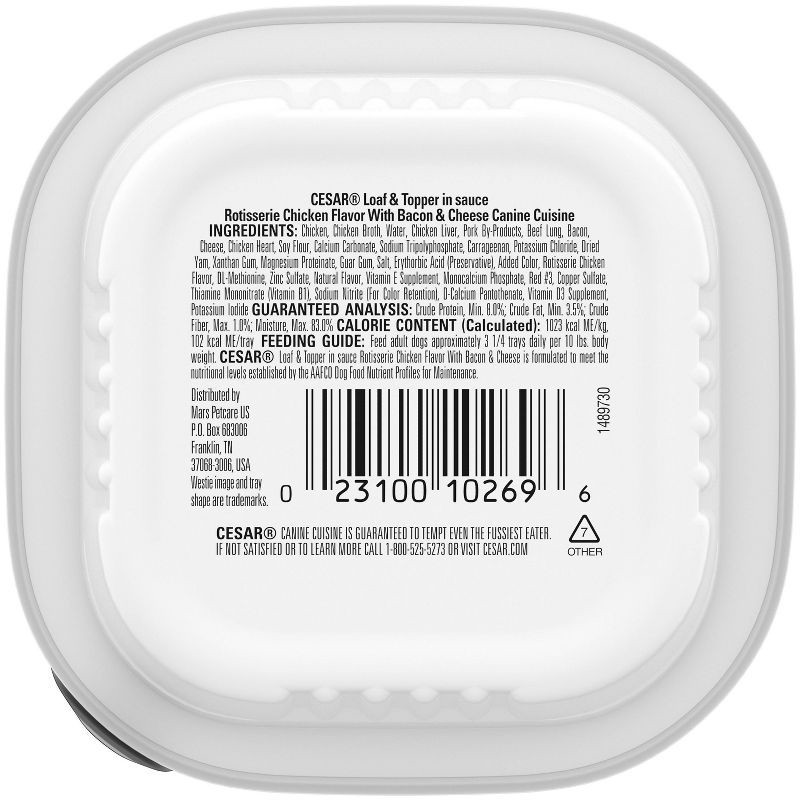 slide 10 of 12, Cesar Loaf and Topper in Sauce Rotisserie Chicken, Cheese, Bacon and Gravy Falvor Small Breed Wet Dog Food - 3.5oz, 3.5 oz